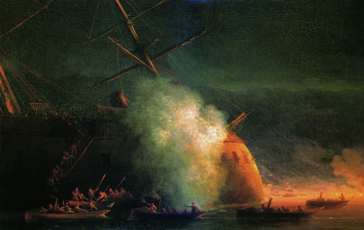 Attaque de mine par des bateaux du paquebot Grand-Duc Konstantin du cuirassé turc Assari-Shevket sur la rade de Soukhoum le 12 août 1877 - Ivan Aïvazovski