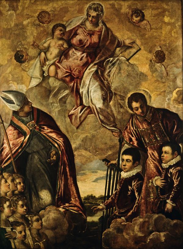 Une famille vénitienne présentée à la Vierge par saint Laurent et un saint évêque - Jacopo Tintoretto