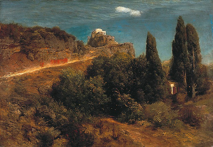 Château de montagne avec un cortège de chevaliers - Arnold Böcklin