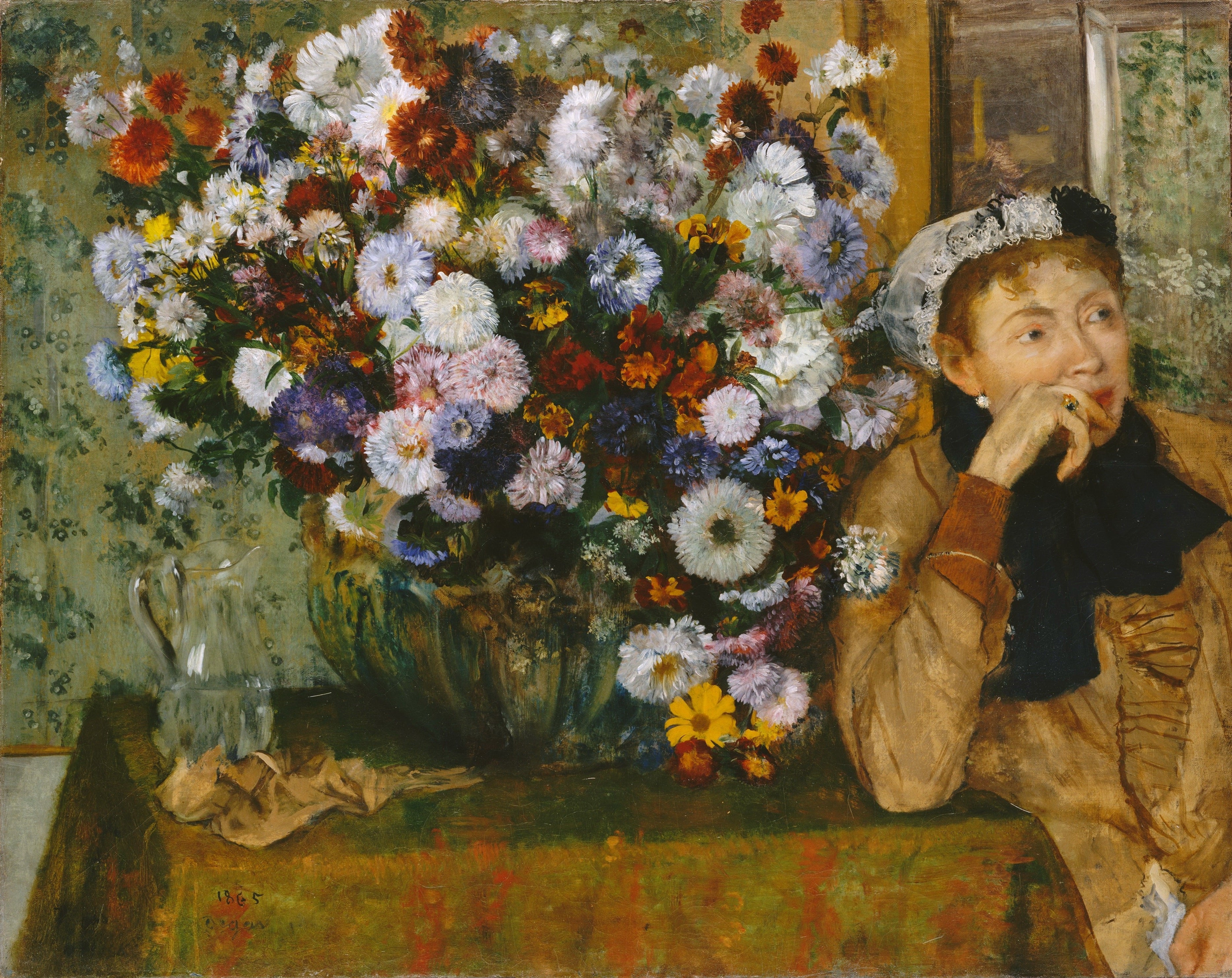 Reproduction du tableau « Femme assise à côté d'un vase de fleurs - Edgar Degas » par Alpha Reproduction en peinture à l’huile