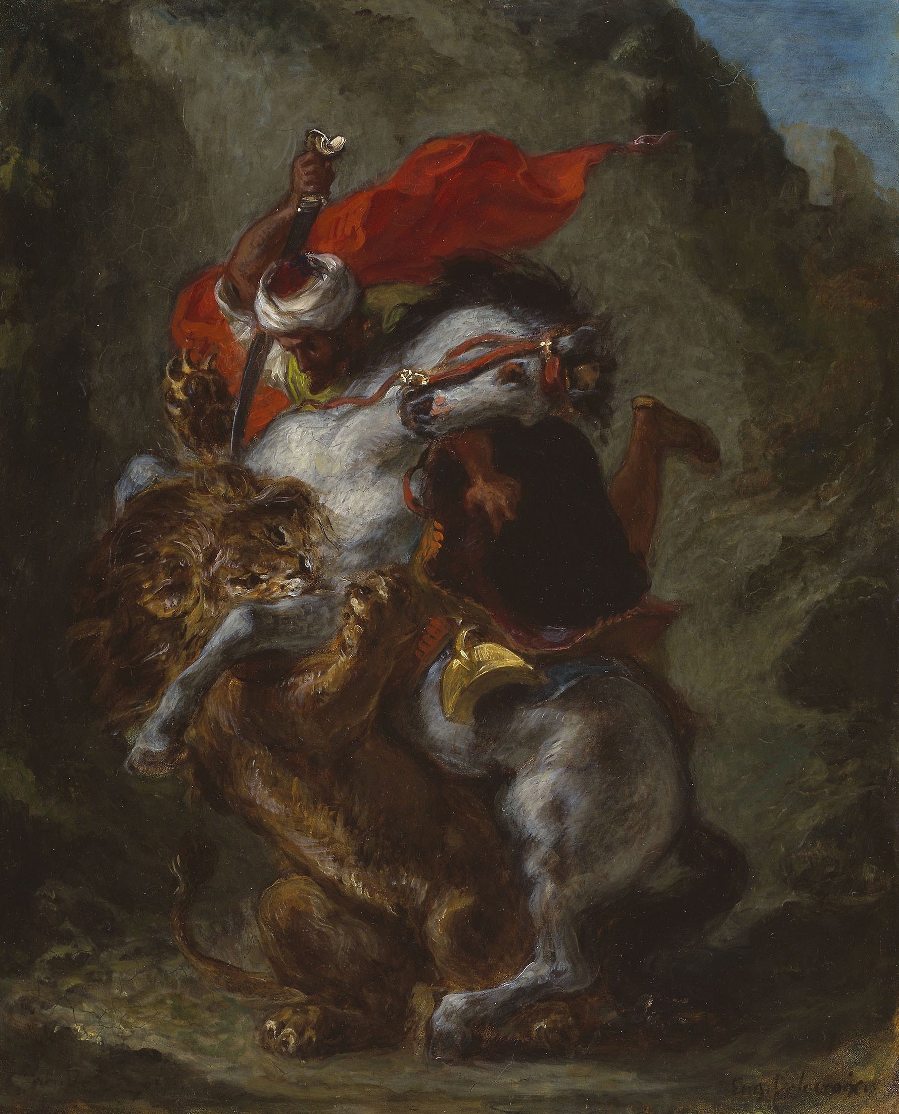 Reproduction du tableau « Cavalier arabe attaqué par un lion - Eugène Delacroix » par Alpha Reproduction en peinture à l’huile