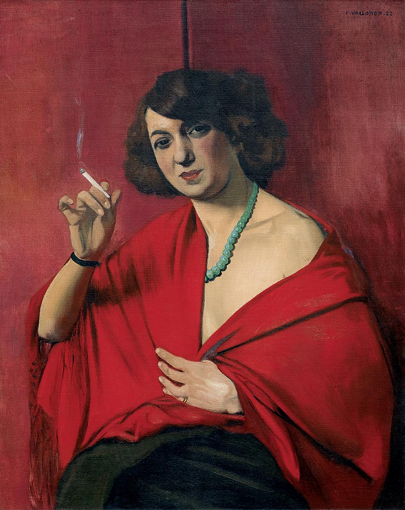 Femme drapée de rouge tenant une cigarette - Félix Vallotton