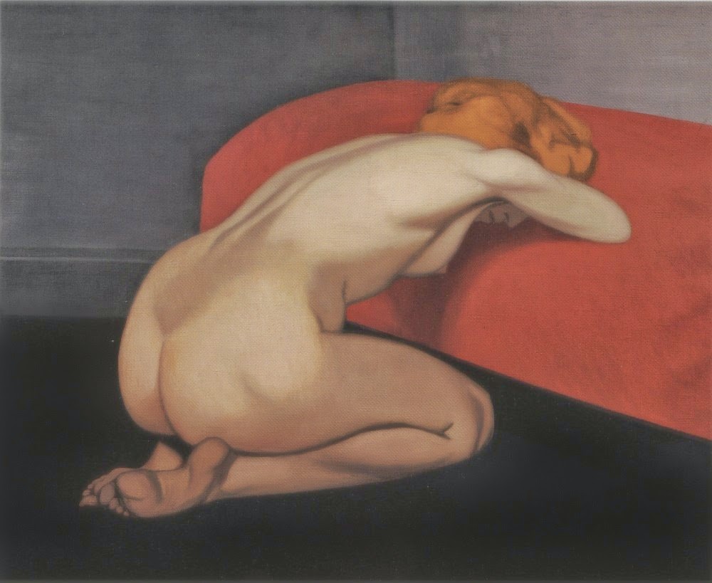 Femme nue agenouillée devant un canapé rouge - Félix Vallotton