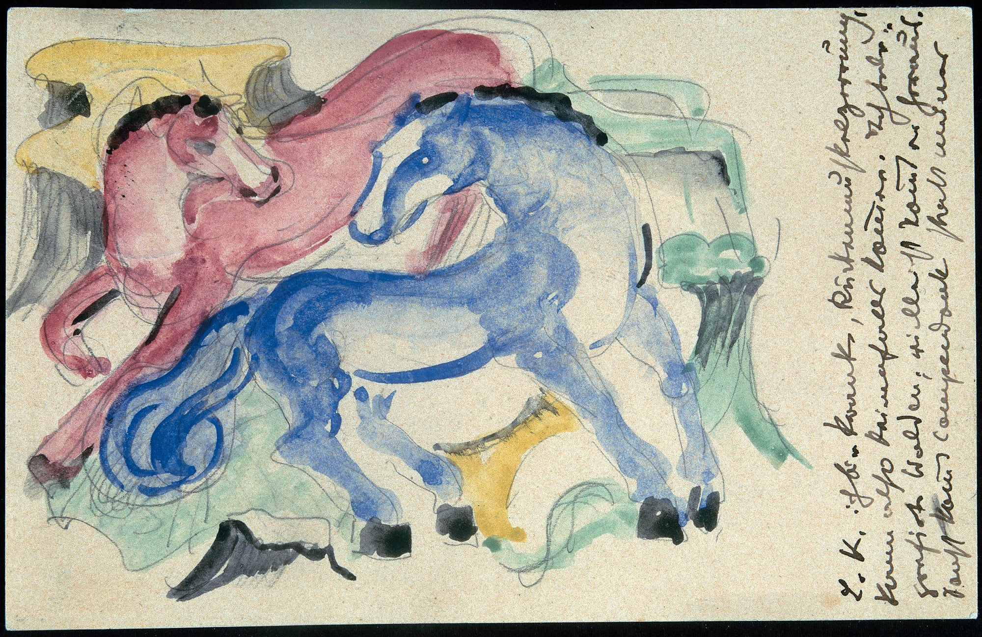 Reproduction du tableau « Chevaux rouges et bleus - Franz Marc » par Alpha Reproduction en peinture à l’huile