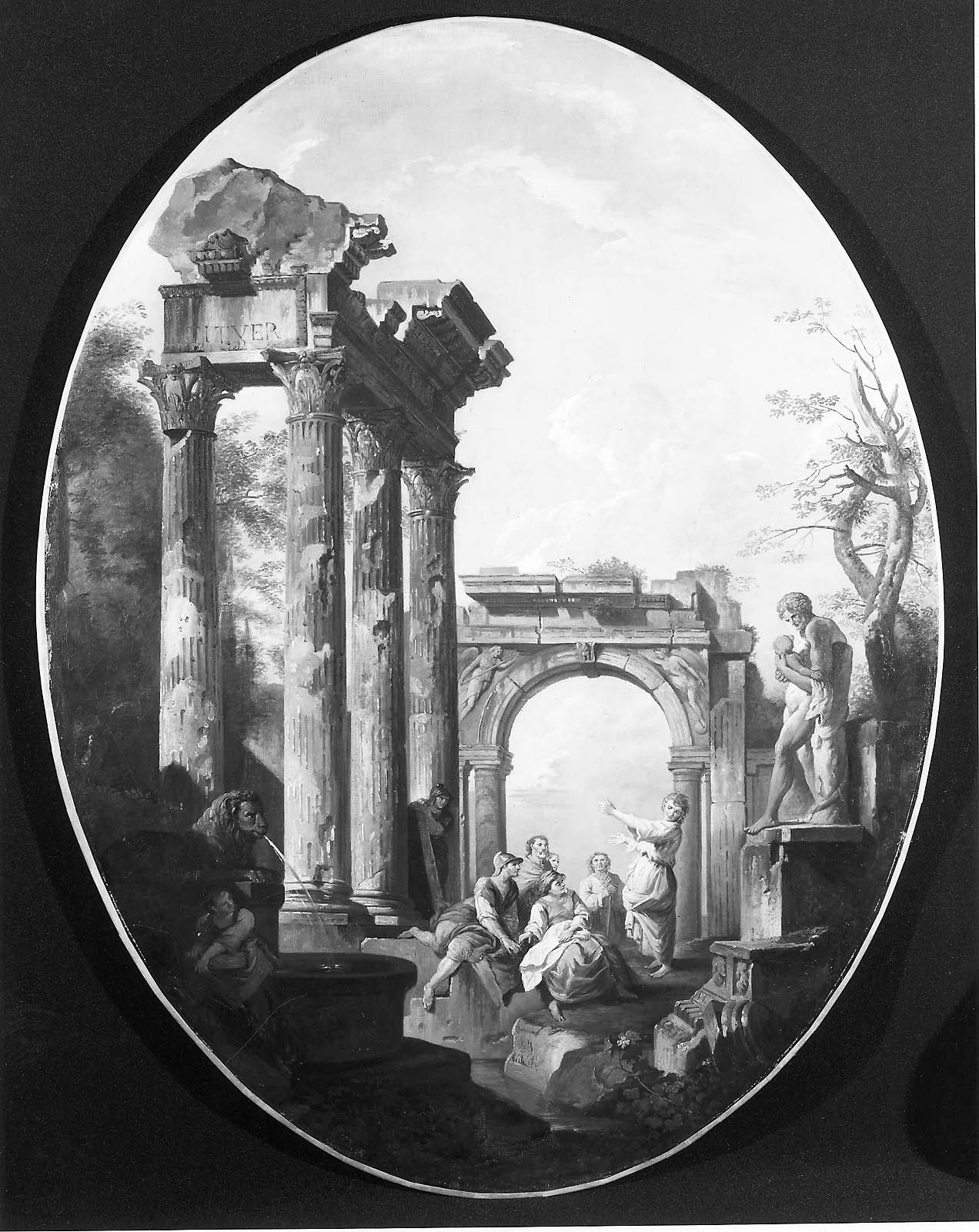 Capriccio de ruines romaines avec une statue de Silène et Dionysos - Giovanni Paolo Panini