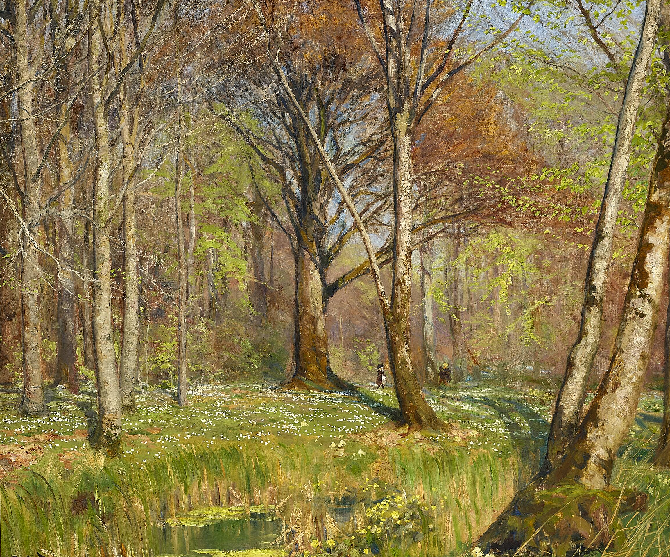 Enfants dans une forêt au printemps. Les anémones sont en fleurs. - H. A. Brendekilde