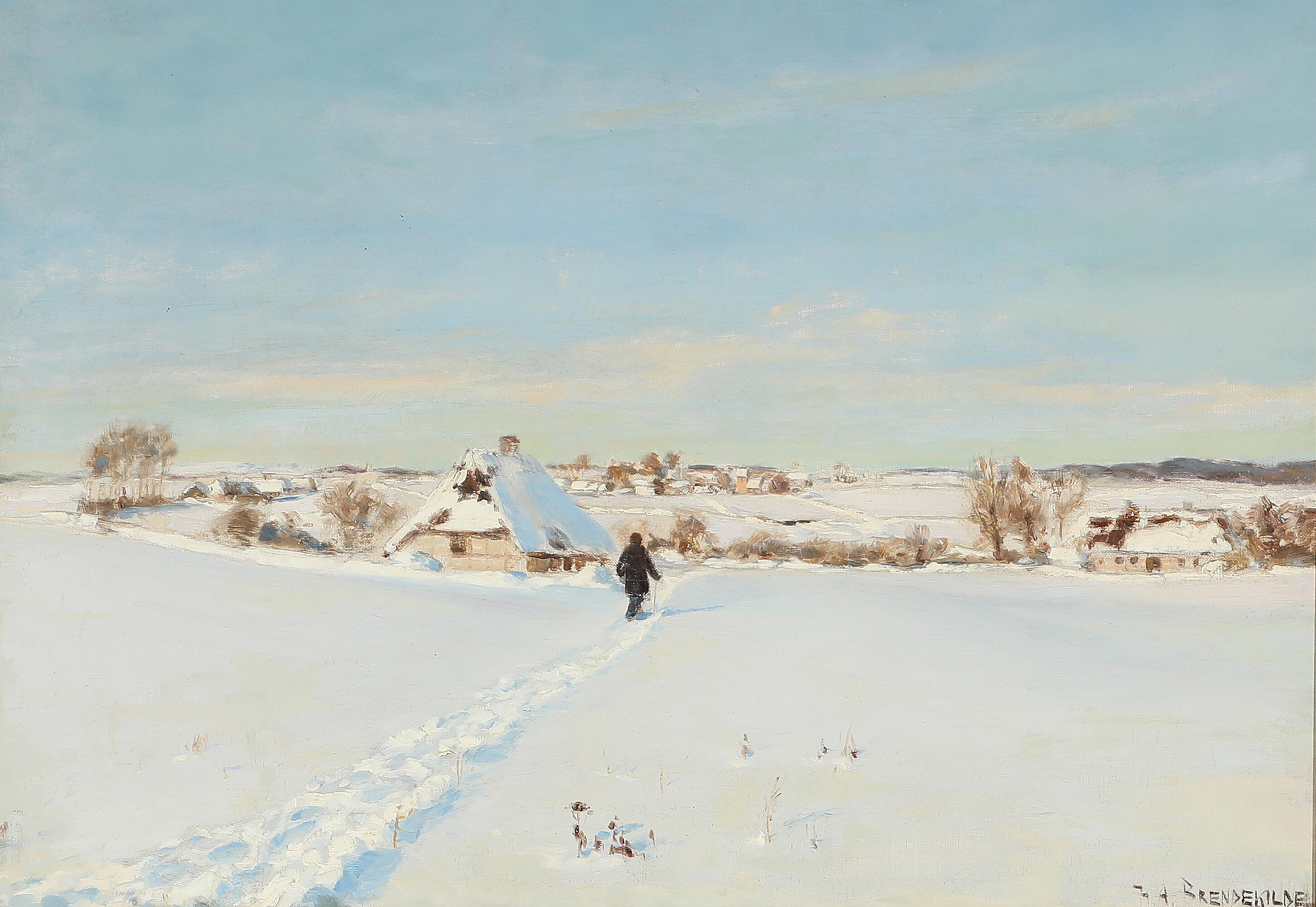 Par une belle journée d'hiver, un homme marche vers une ferme. - H. A. Brendekilde