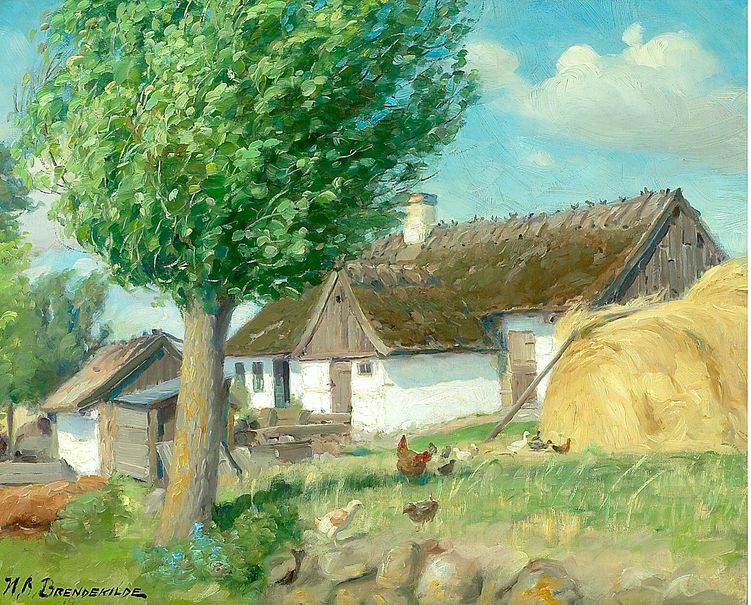 Poules devant une ferme au toit de chaume. - H. A. Brendekilde