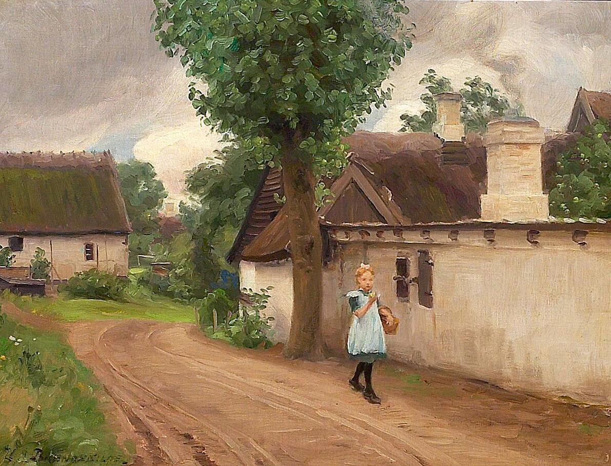 Paysage de village avec une jeune fille en robe bleue. - H. A. Brendekilde