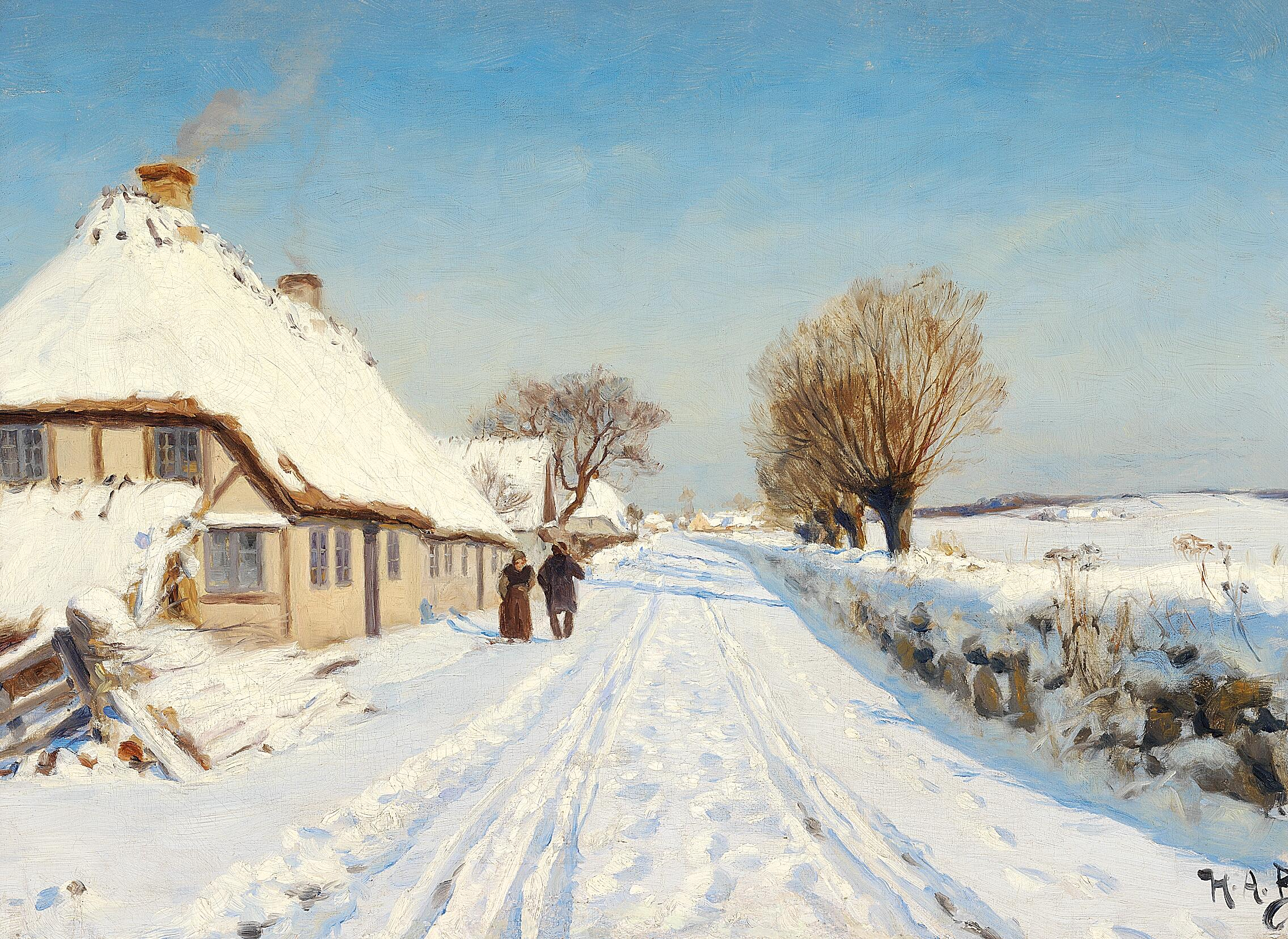 Route ensoleillée au bord d'un village, hiver. - H. A. Brendekilde
