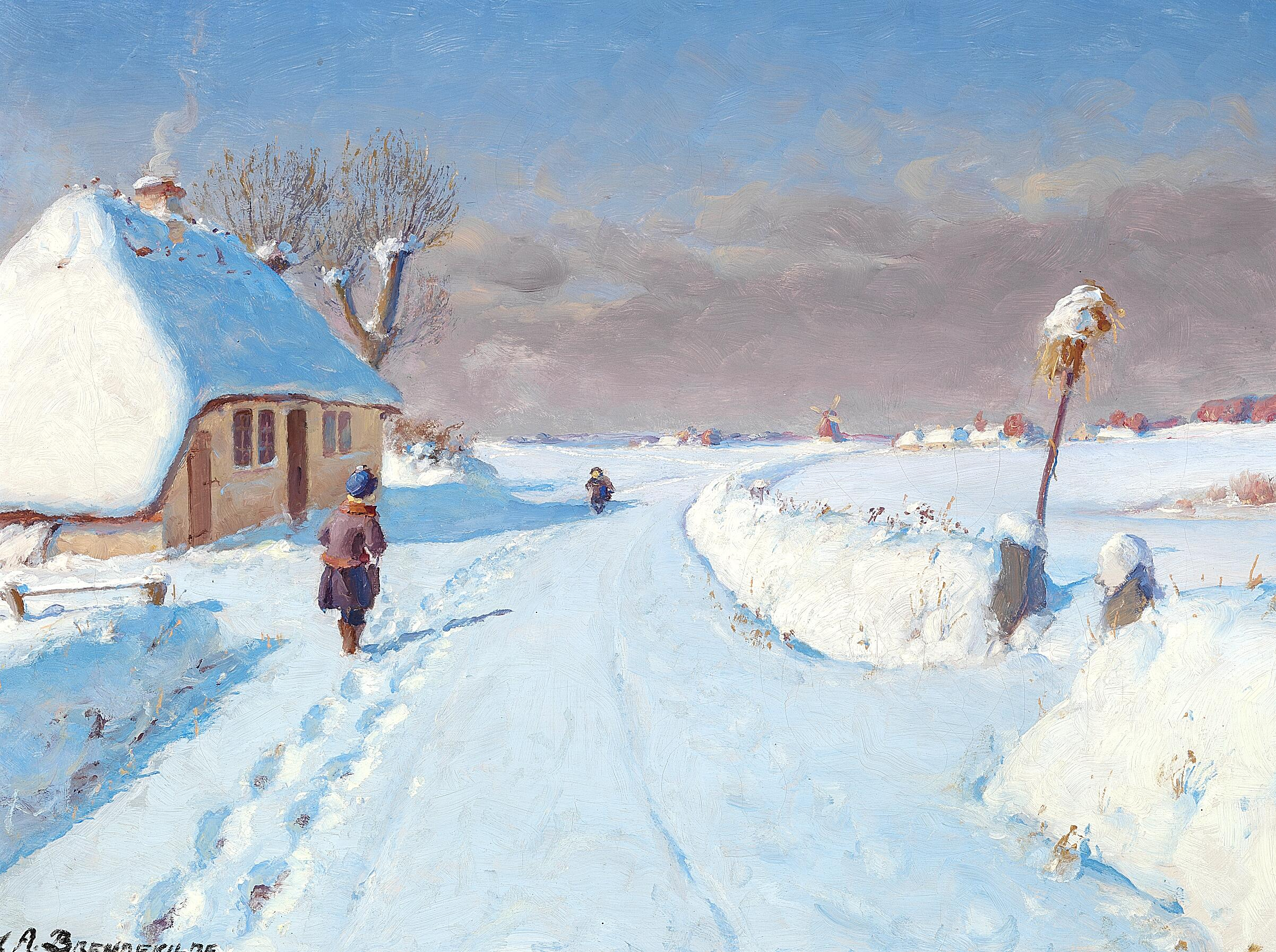 Route ensoleillée à la lisière d'un village, hiver (32 x 42 cm). - H. A. Brendekilde
