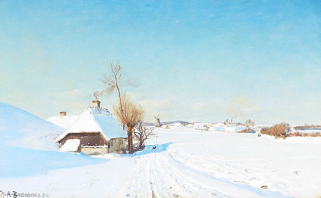 Une journée d'hiver ensoleillée avec des maisons, un moulin et des personnages. - H. A. Brendekilde