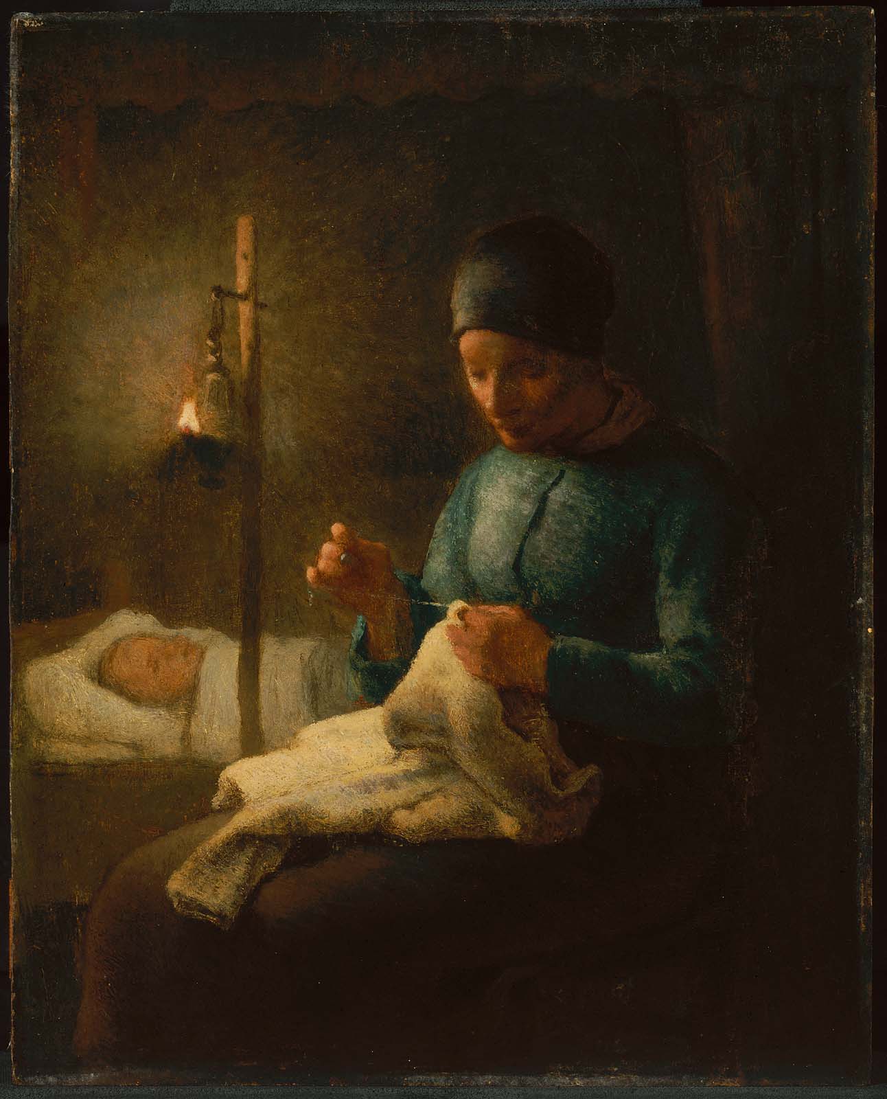 Femme cousant à côté de son enfant endormi - Jean-François Millet
