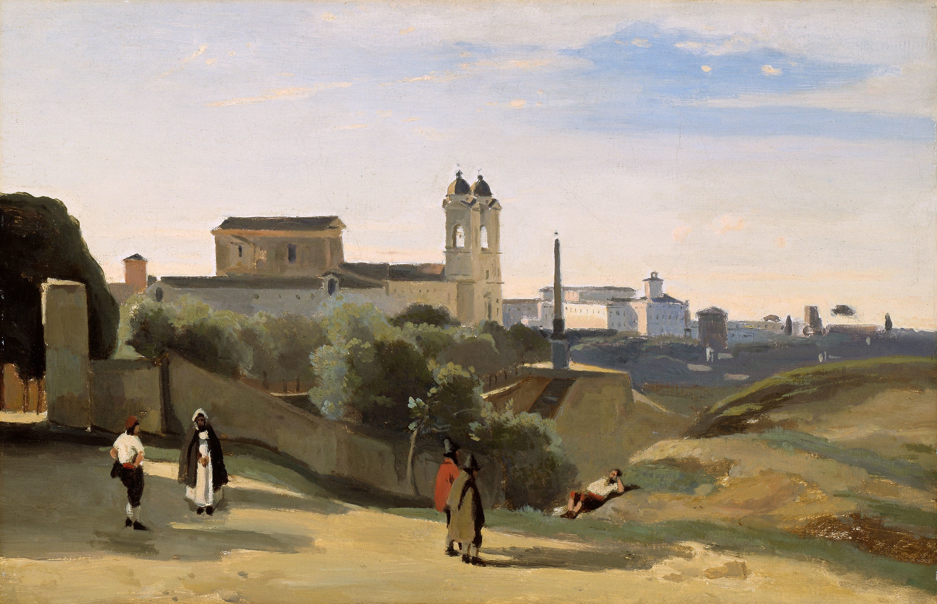 Rome Mont Pincio. La Trinité des Monts. Vue prix des jardins de l'Académie de France - Jean-Baptiste Camille Corot