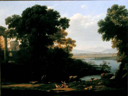 Scène fluviale classique avec vue sur une ville - Claude Lorrain