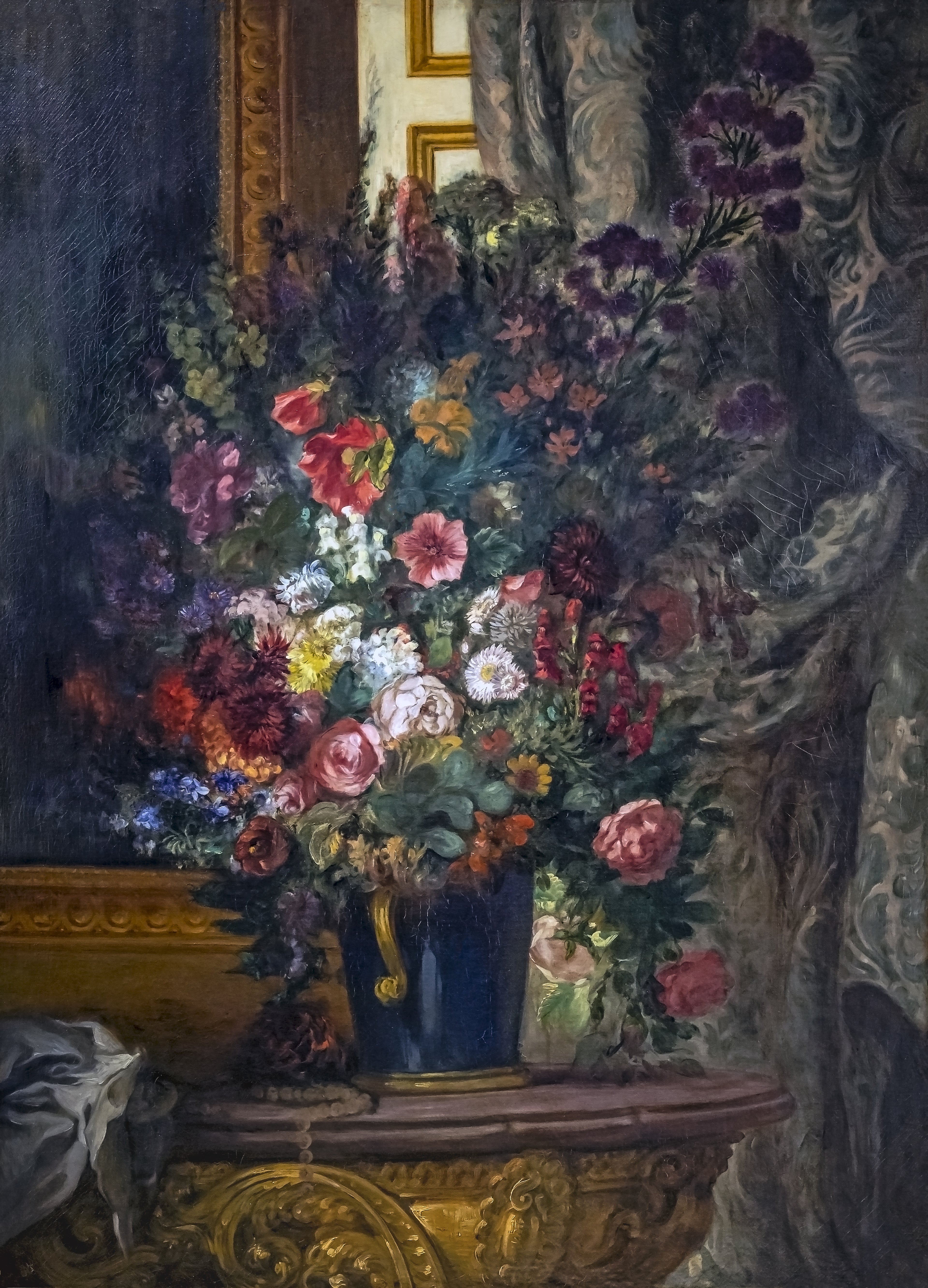 Reproduction du tableau « Vase de fleurs à la console - Eugène Delacroix » par Alpha Reproduction en peinture à l’huile