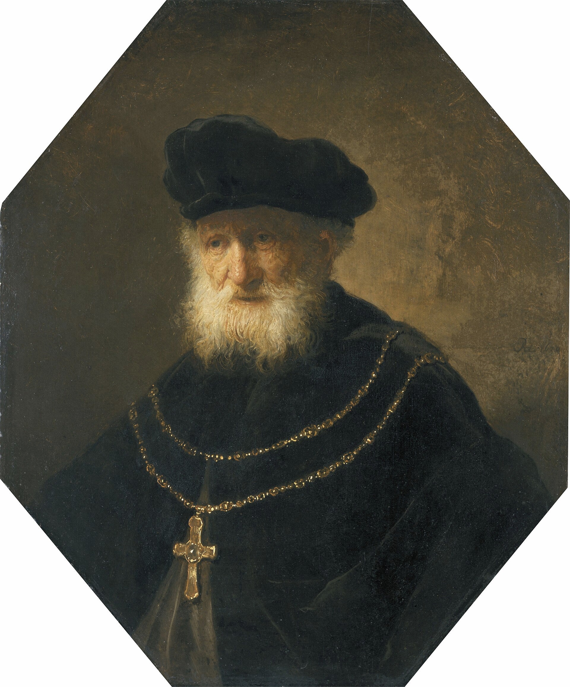 Reproduction du tableau « Buste d'homme portant une chaîne en or avec une croix - Rembrandt » par Alpha Reproduction en peinture à l’huile