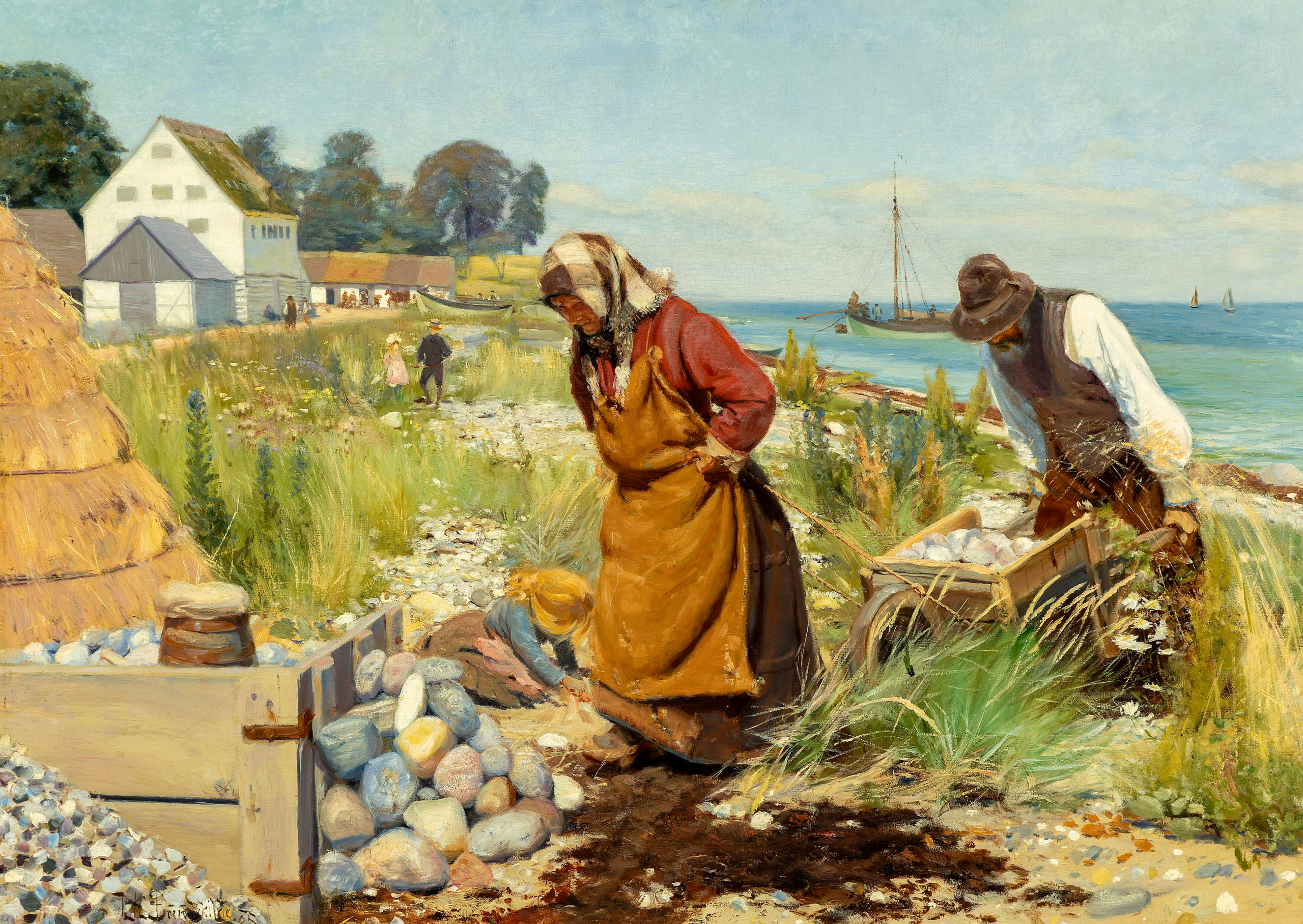 Des gens coupent des décombres près d'une plage à Stevns, au Danemark. - H. A. Brendekilde