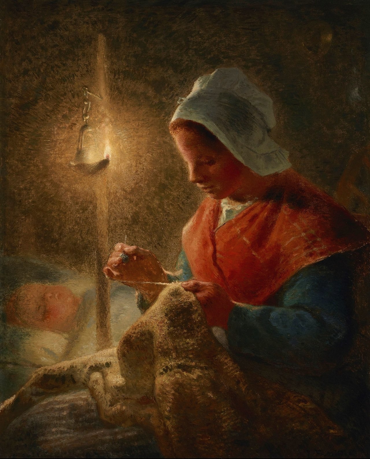 Femme coud à la lumière de la lampe - Jean-François Millet