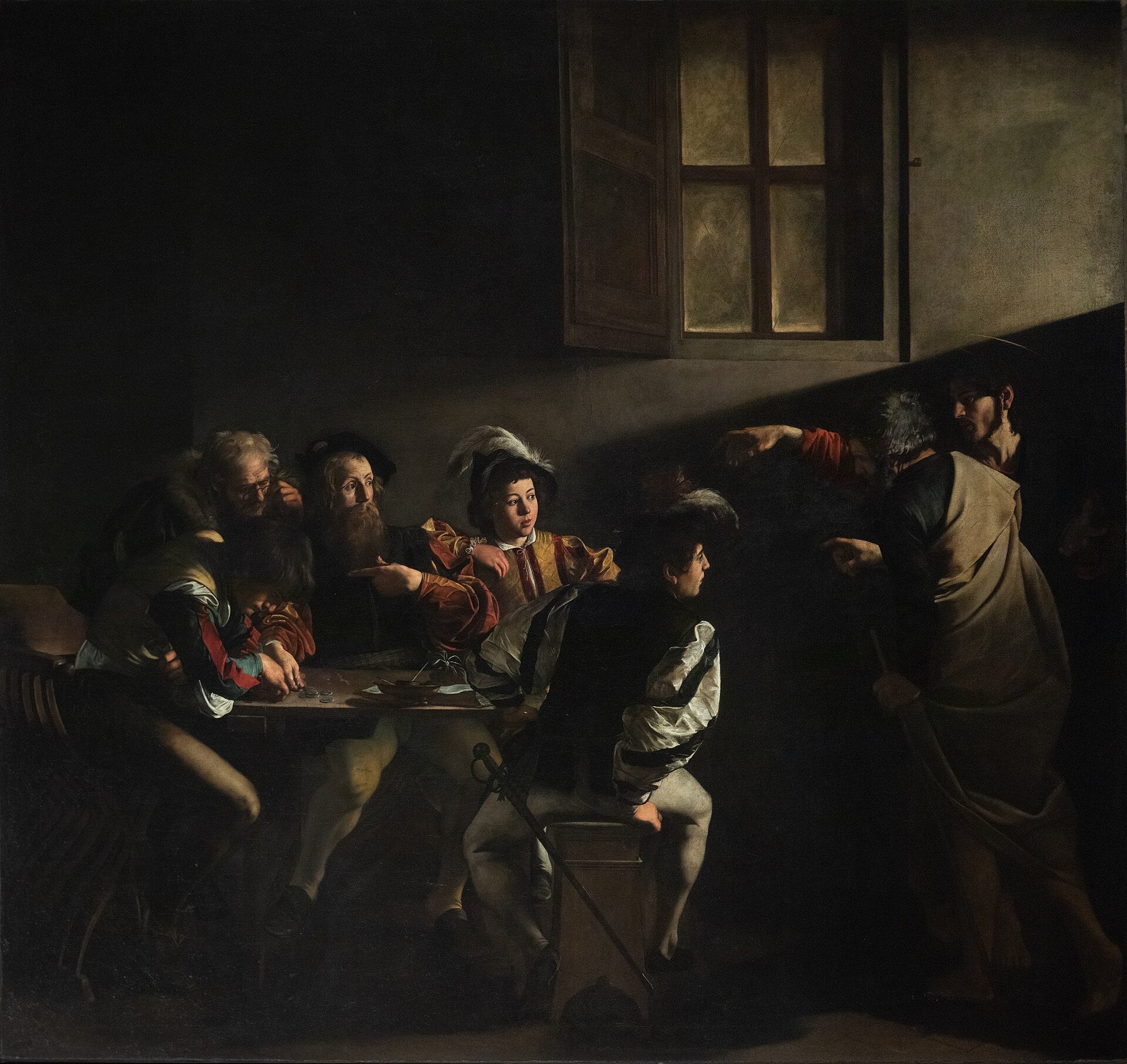 Reproduction du tableau « La Vocation de saint Matthieu - Le Caravage » par Alpha Reproduction en peinture à l’huile
