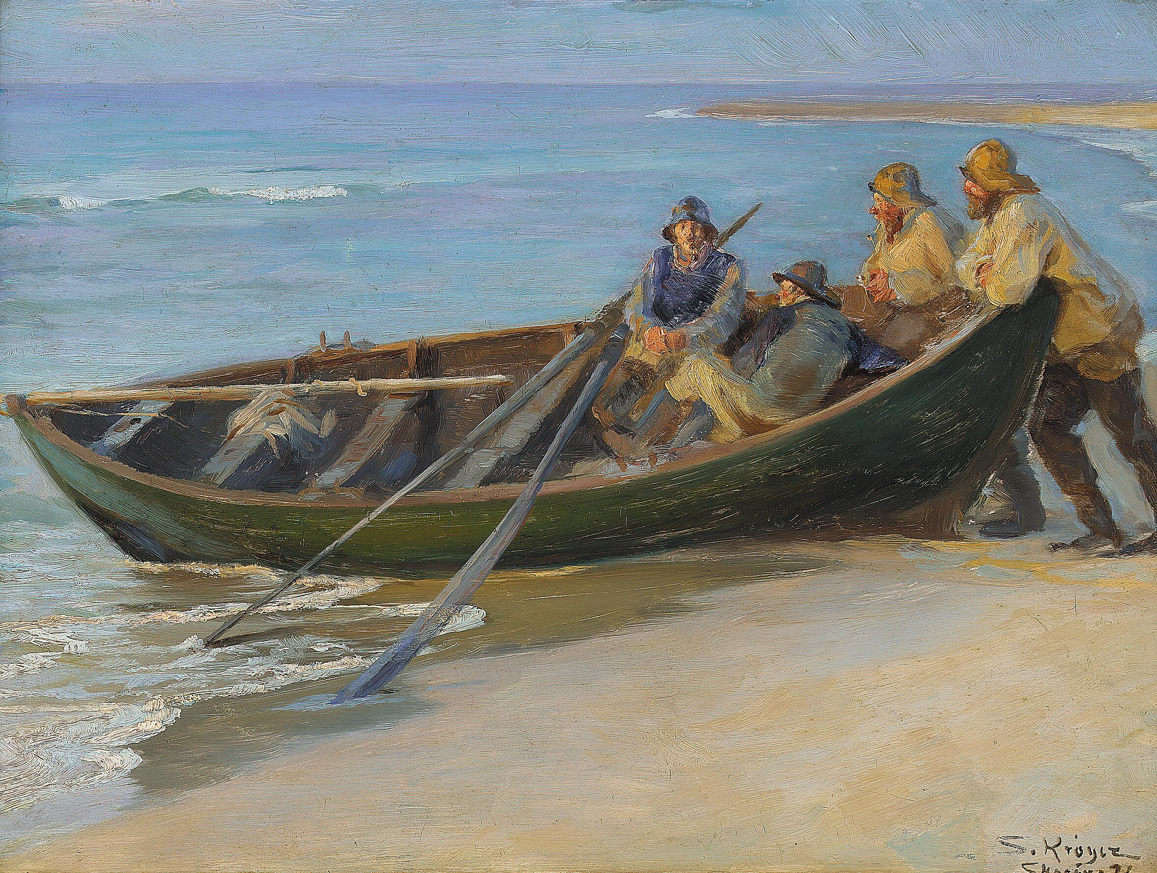Plage nord de Skagen. Un bateau vert au bord de l'eau. Deux pêcheurs assis dans le bateau, appuyés sur les bastingages. À l'intérieur, une gaffe et deux rames. - Peder Severin Krøyer