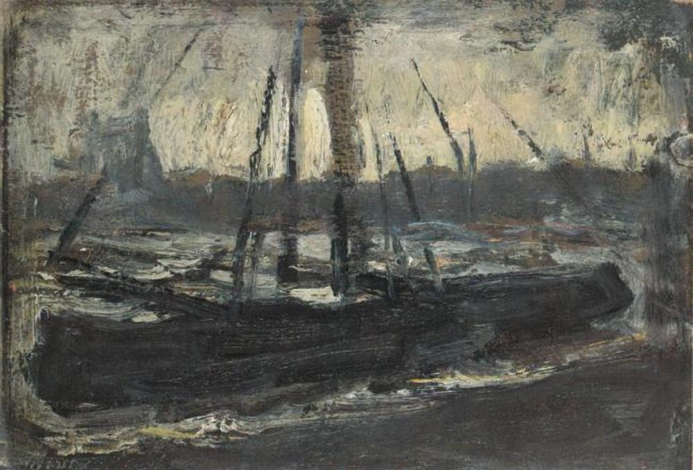 Reproduction du tableau « Tjalk amarré en violet - Piet Mondrian » par Alpha Reproduction en peinture à l’huile