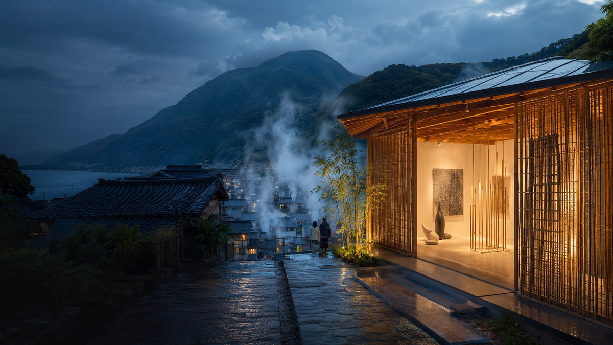 Galerie d’art contemporaine imaginaire dans les vapeurs thermales de Beppu