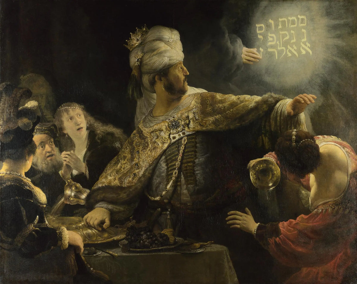 Rembrandt, Le Festin de Balthazar, inscription lumineuse et banquet, vers 1636-1638
