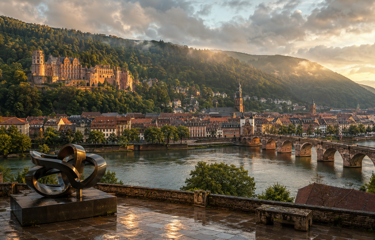 Panorama artistique de Heidelberg avec le château, le Neckar, le Vieux Pont et une sculpture contemporaine