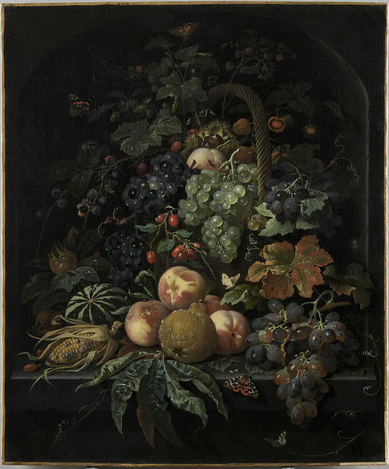 Fruits, panier, insectes et papillons - Abraham Mignon