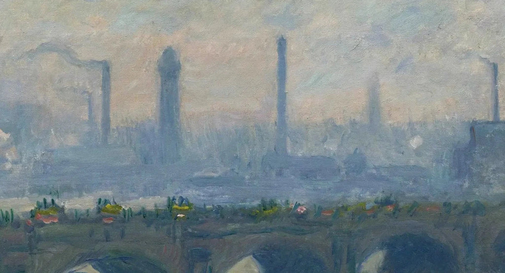 Détail des usines de la rive sud et du brouillard dans Le Pont de Waterloo, temps couvert