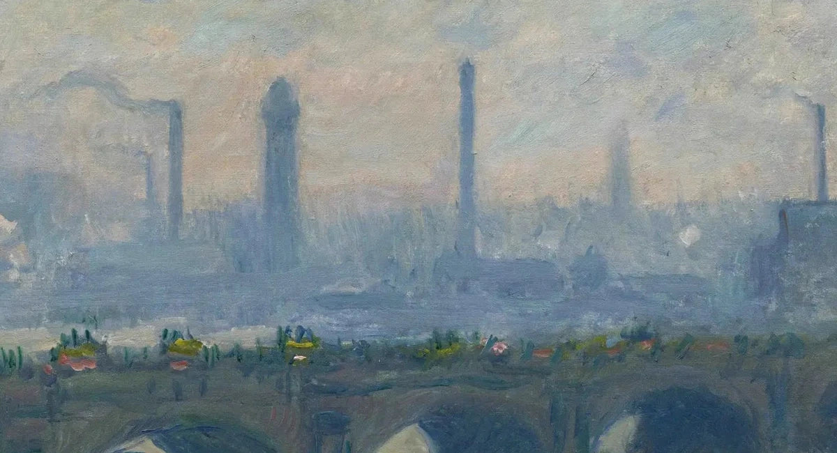 Détail des usines de la rive sud et du brouillard dans Le Pont de Waterloo, temps couvert