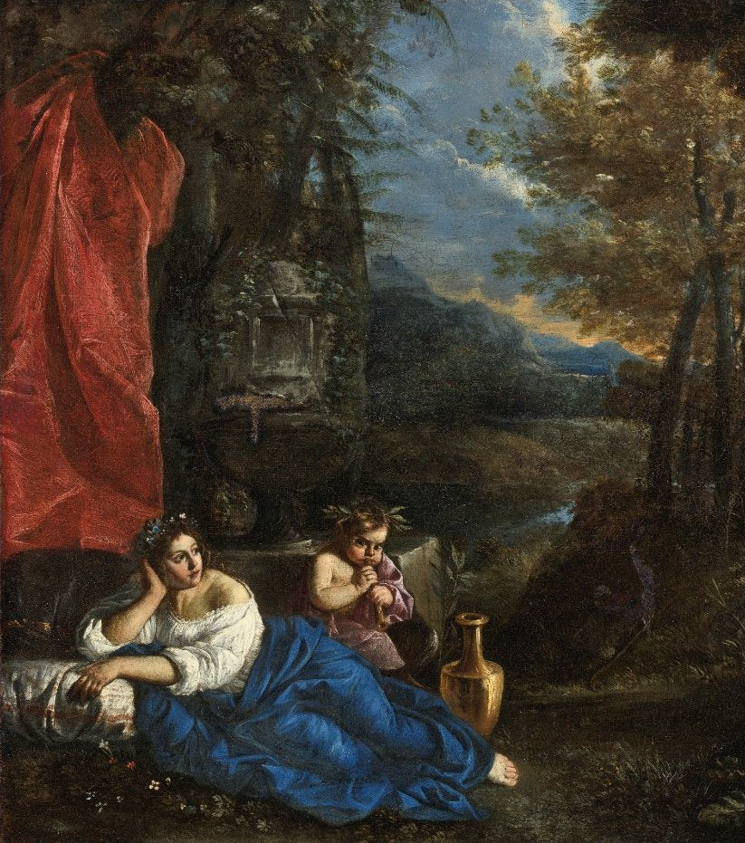 Flore et le jeune Bacchus dans un paysage boisé - Pier Francesco Mola