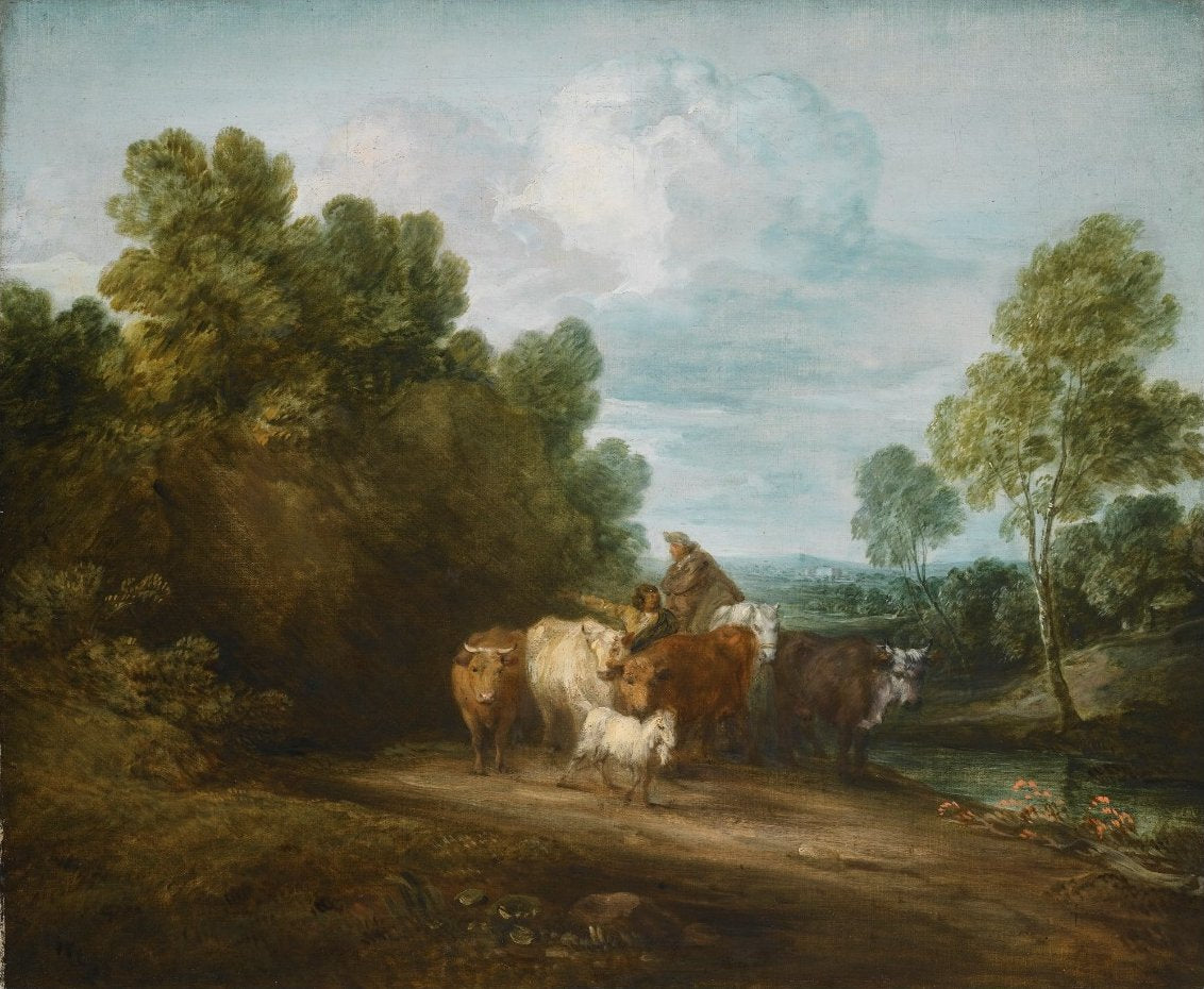 Paysage rocheux boisé avec paysan à cheval, bouvier et bétail, et bâtiment au loin - Thomas Gainsborough