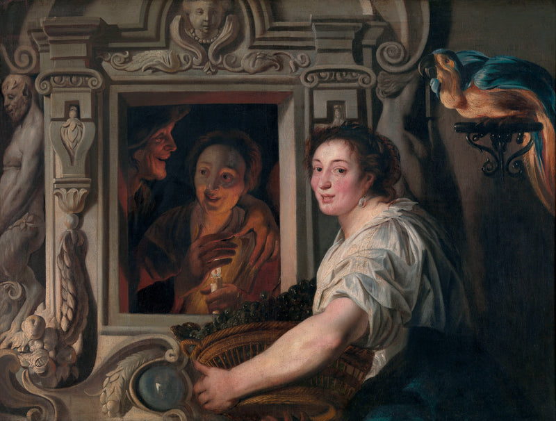 Une servante avec un panier de fruits et deux amoureux - Jacob Jordaens