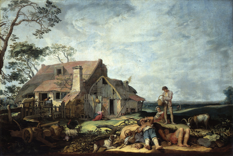 Paysage avec une ferme, des paysans et l'exode de Tobias avec l'ange - Abraham Bloemaert
