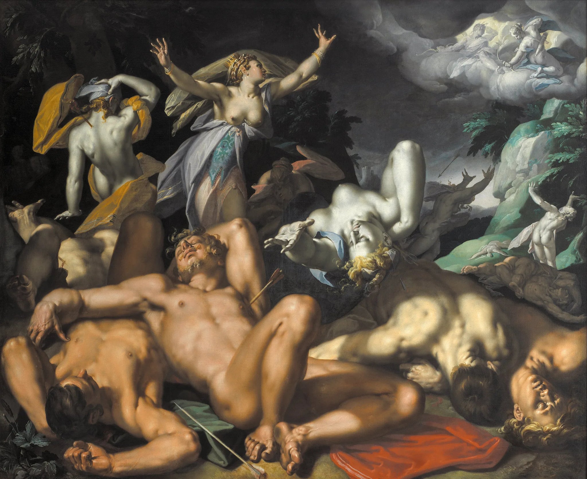 Apollon et Diane punissant Niobé par la mort de ses enfants - Abraham Bloemaert image 1 copie de tableau peinte à la main