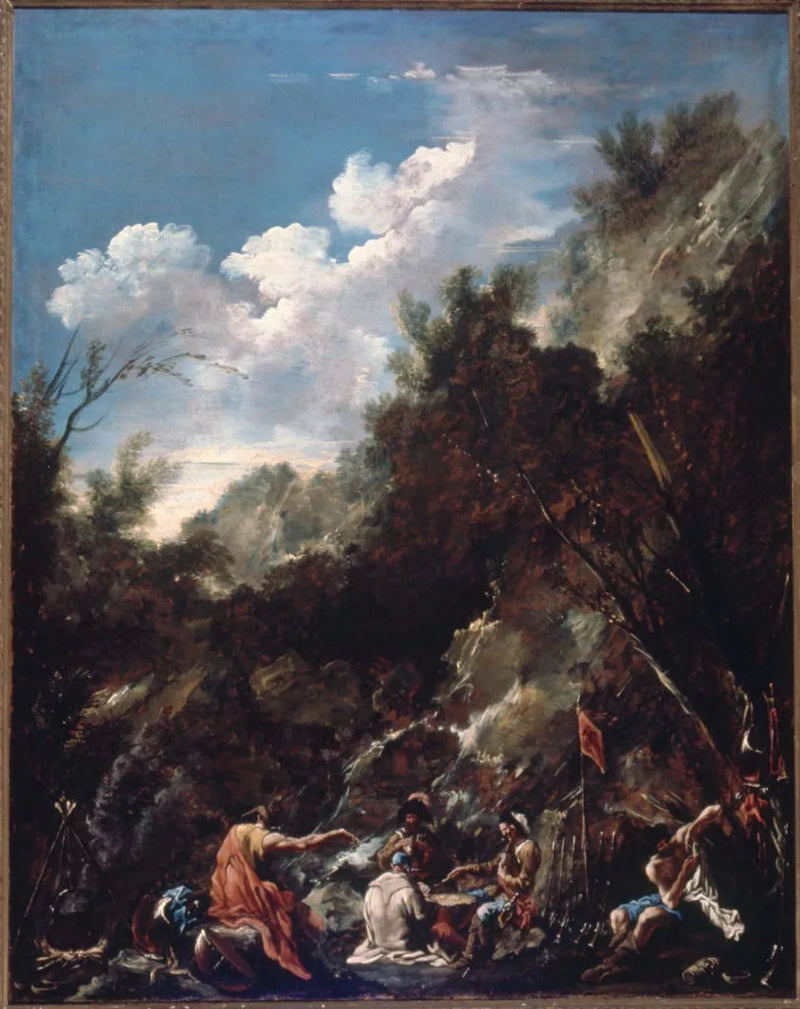 Des soldats jouent aux cartes dans un paysage rocheux - Alessandro Magnasco