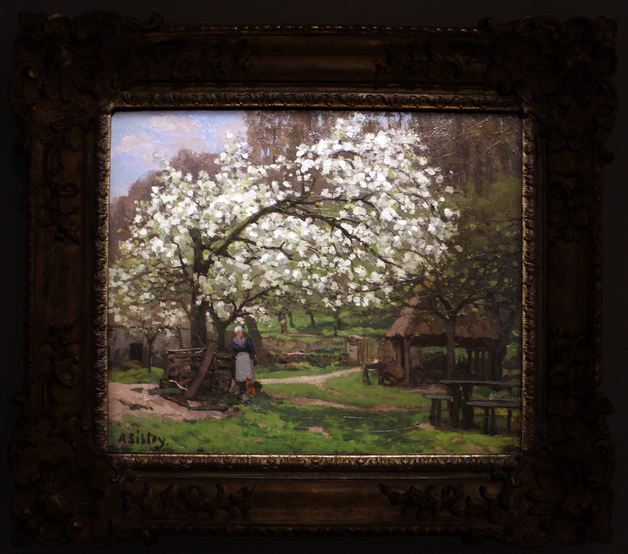 Printemps, paysanne sous les arbres fruitiers – Alfred Sisley