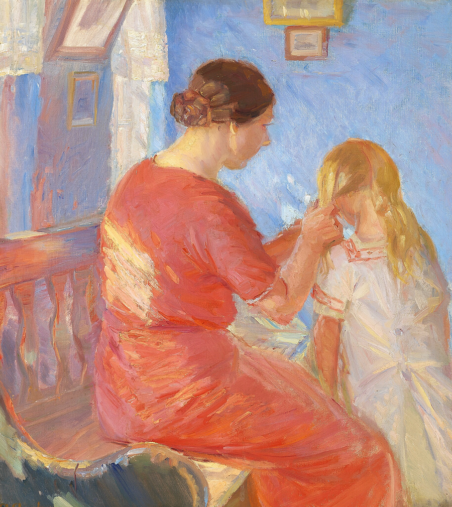Мать, плетущая волосы своего ребенка. - Anna Ancher