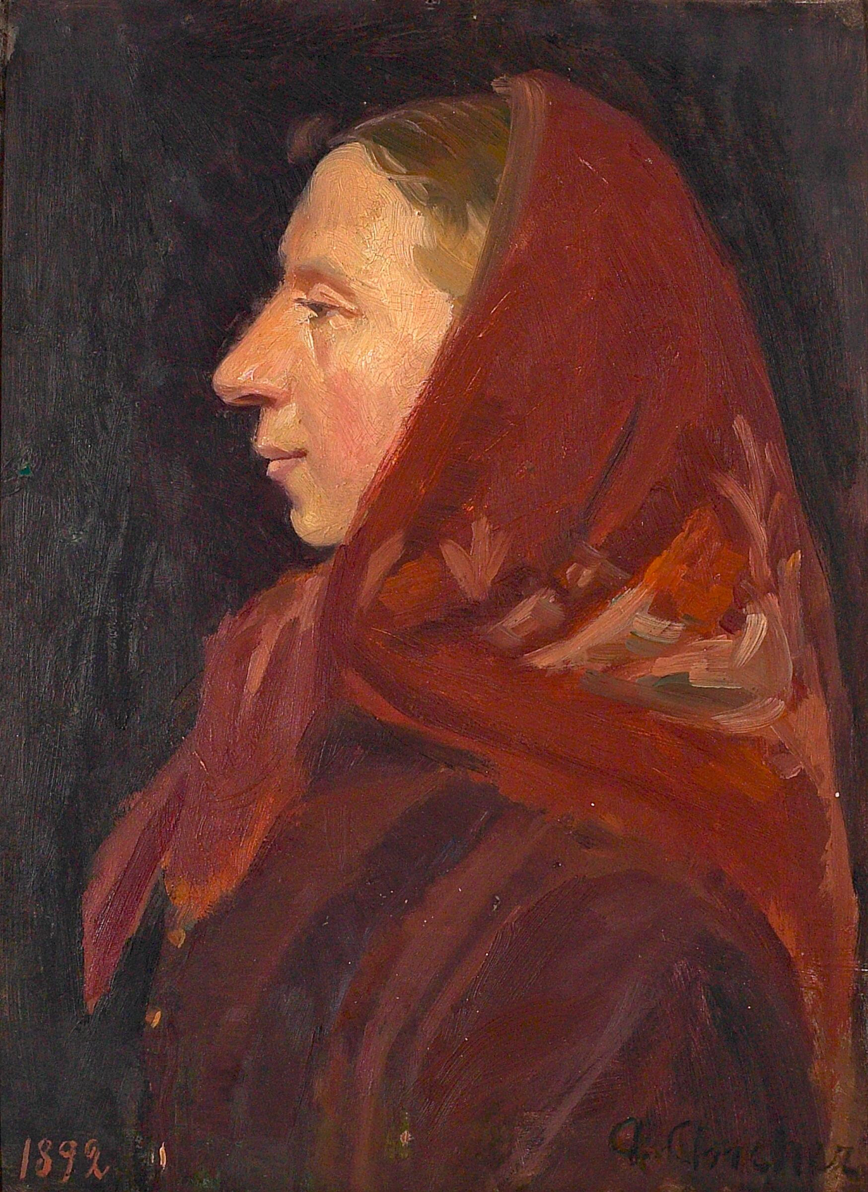 Portrait d’une femme portant un foulard rouge. - Anna Ancher - Alpha Reproduction