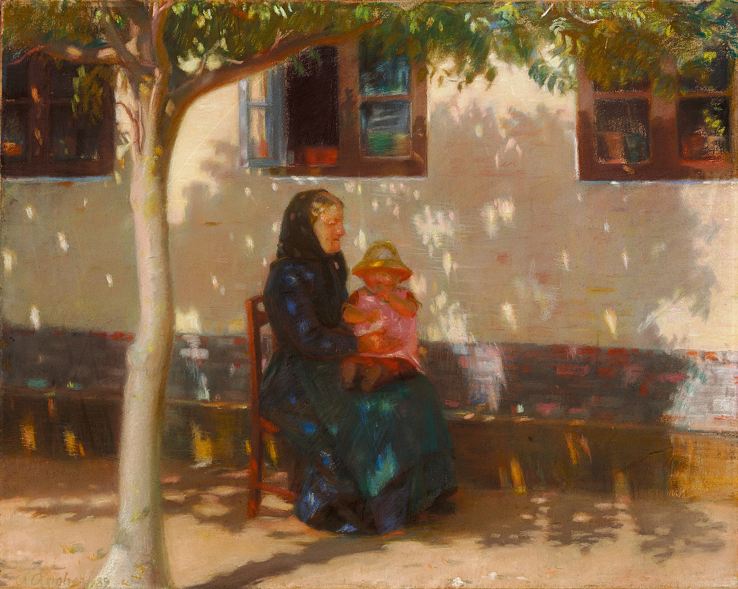 Une femme de Skagen assise avec le bébé Helga Ancher devant une maison blanche. - Anna Ancher - Alpha Reproduction