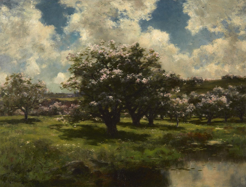 Pommiers en fleurs près d’un étang – John Appleton Brown