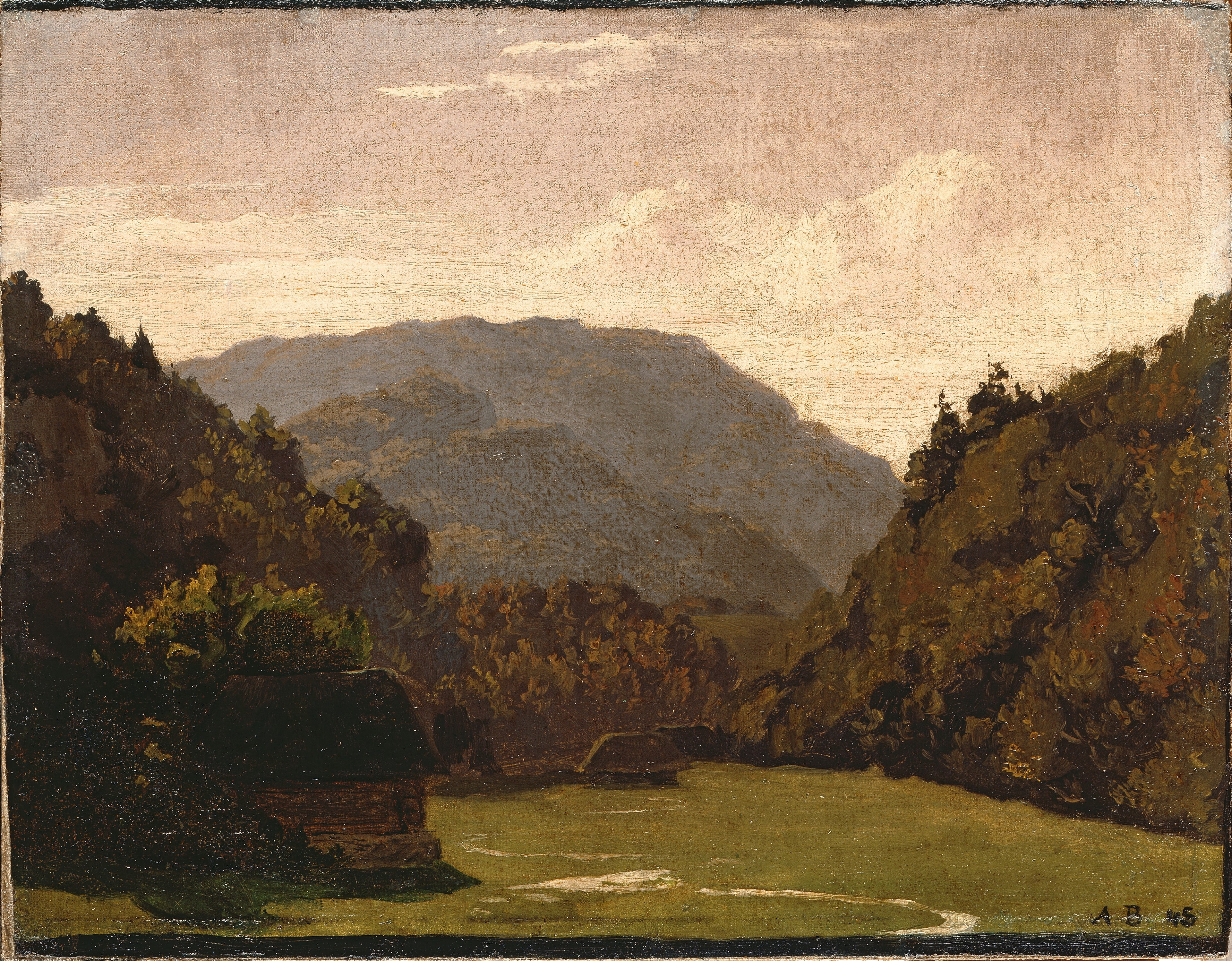 Paysage vallonné avec des cabanes en rondins et un ruisseau dans la plaine - Arnold Böcklin