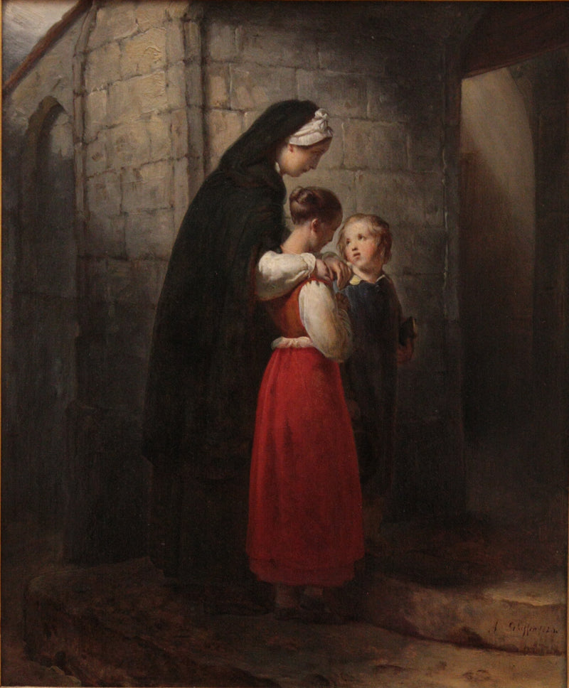 Заболевшая мать, идущая в церковь, опираясь на своих двух детей - Ary Scheffer