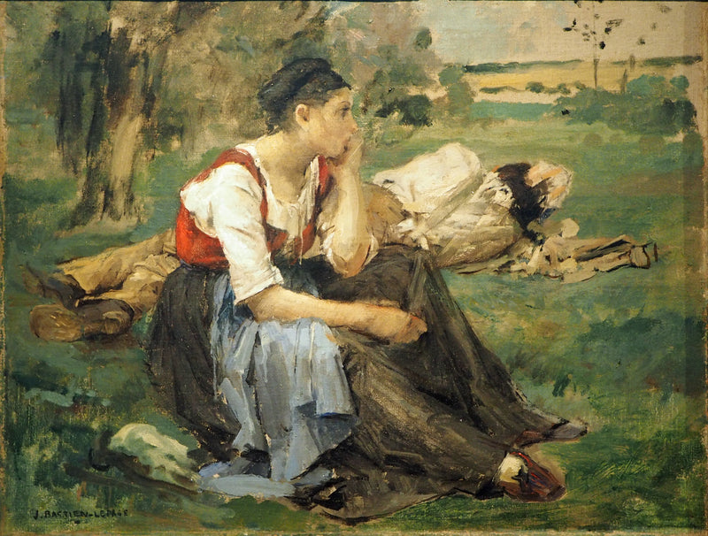 Femme assise dans l'herbe près d'un homme endormi - Jules Bastien-Lepage