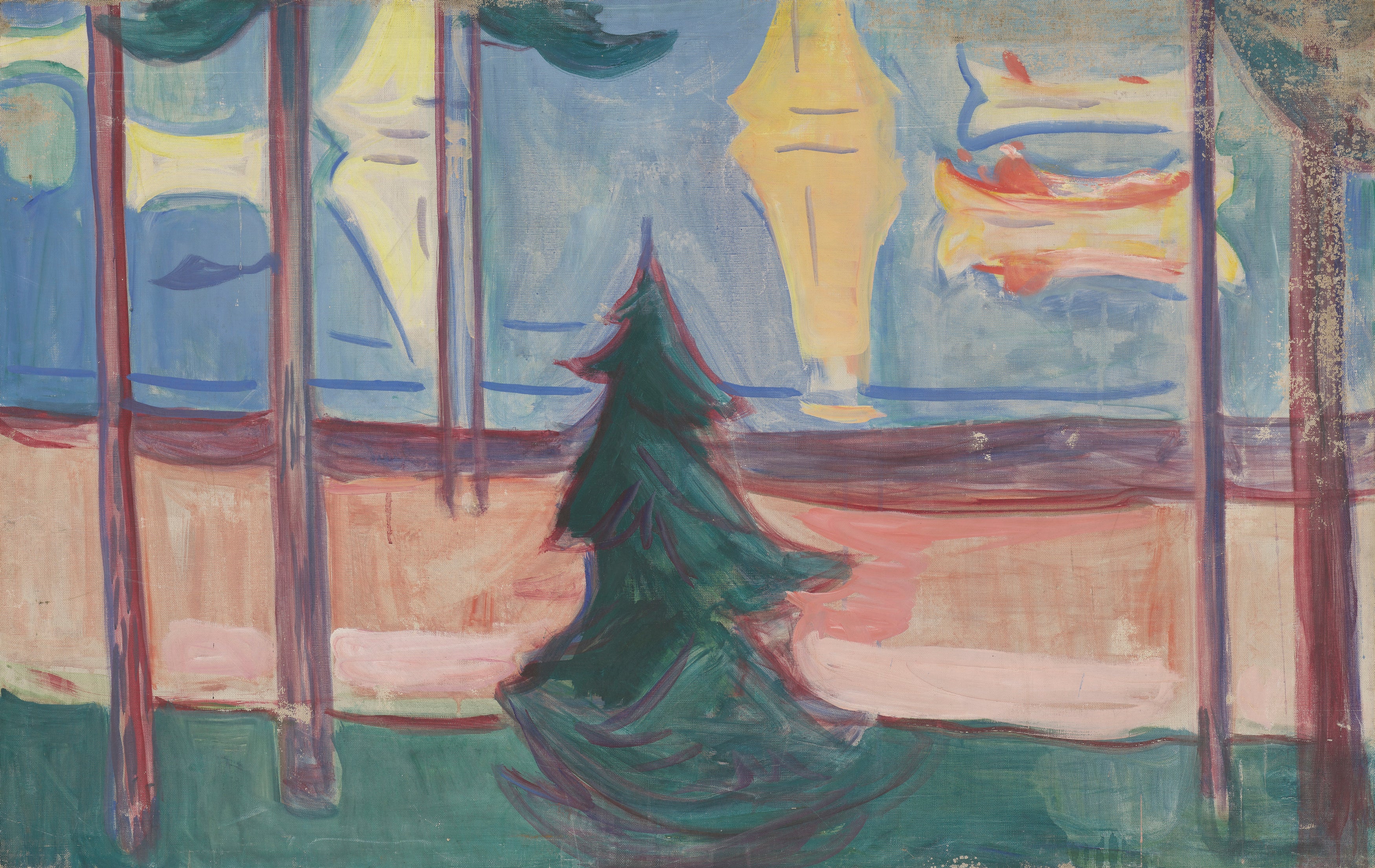 Reproduction du tableau « Paysage de plage avec arbres et bateaux - Edvard Munch » par Alpha Reproduction en peinture à l’huile