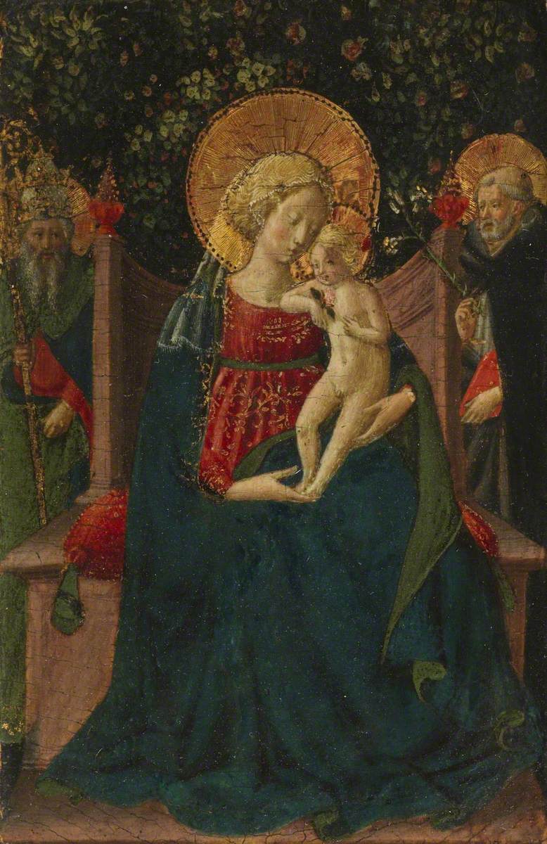 Vierge à l’Enfant trônant entre saint Dominique et un saint papal (anciennement attribué à Domenico di Michelino)