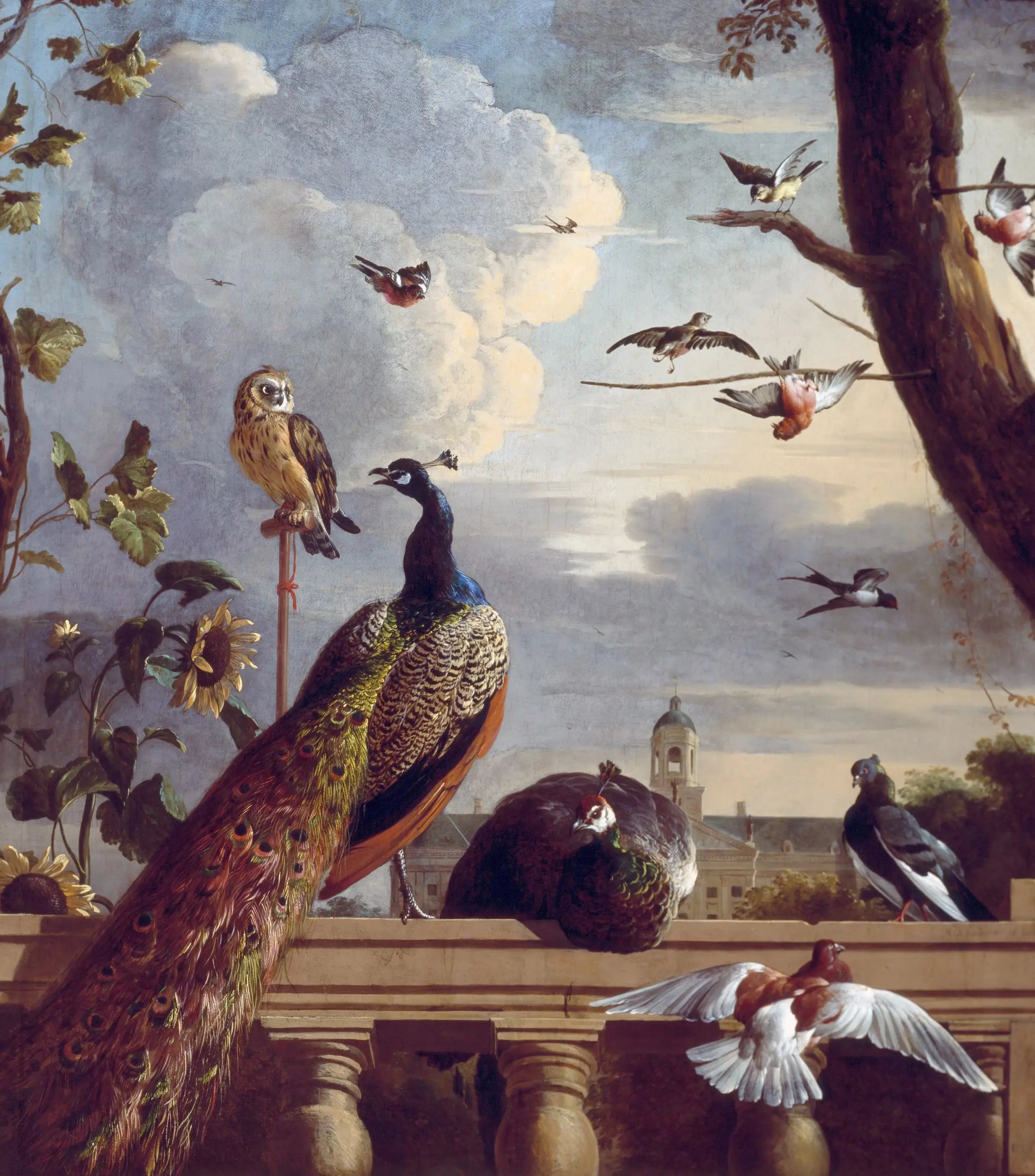 Oiseaux autour d’une balustrade avec l’hôtel de ville d’Amsterdam en arrière-plan 1670 - Melchior de Hondecoeter