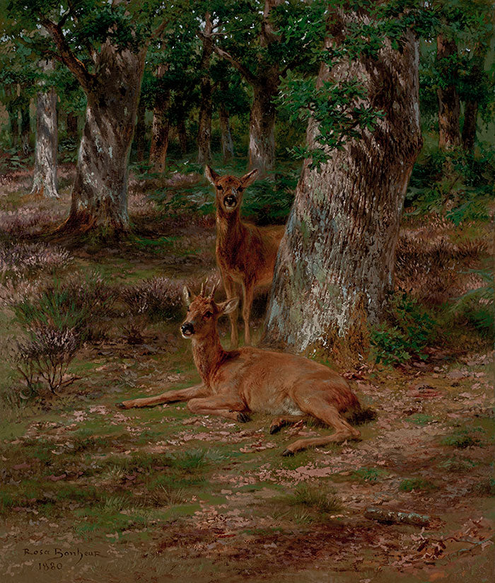 Deux jeunes cerfs dans une forêt - Rosa Bonheur
